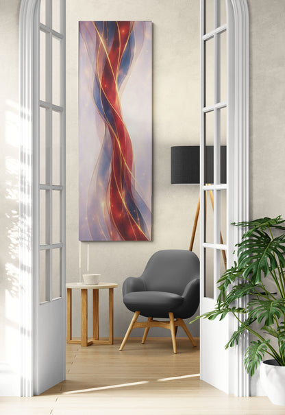 Modern interior with a colorful abstract painting on the wall, a gray armchair, and a plant.