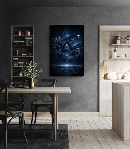 Modern interior with a dark wall featuring a futuristic art piece.