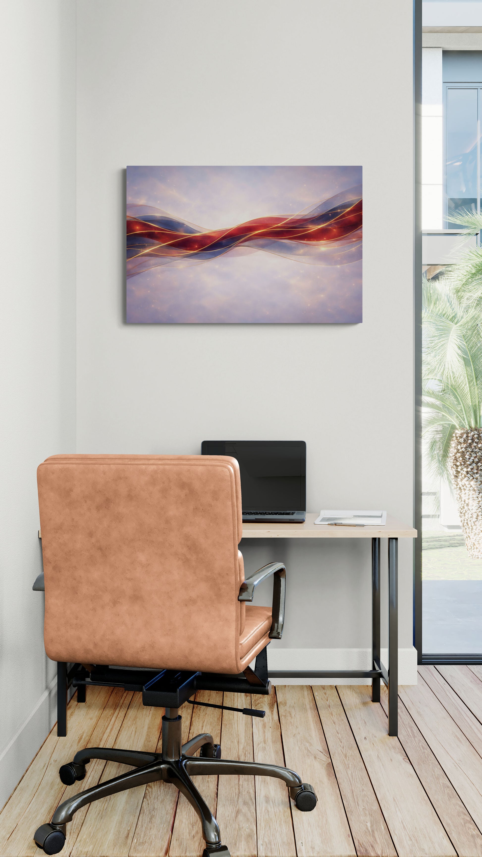 Modern office space with a brown chair, desk, and abstract painting on the wall.