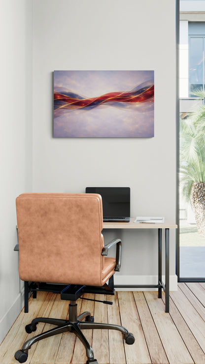 Modern office space with a brown chair, desk, and abstract painting on the wall.