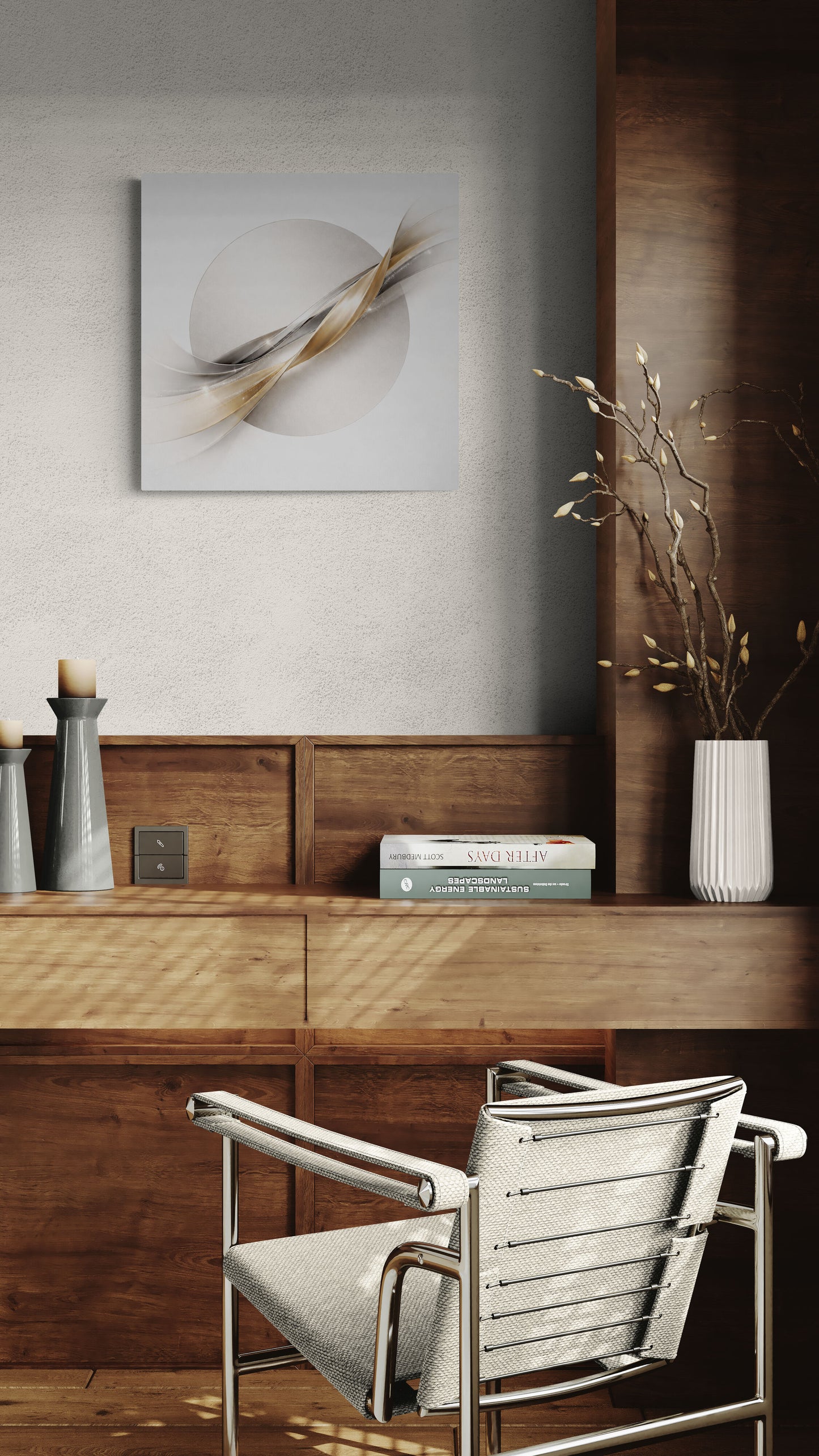 Modern interior with a wooden desk, chair, and decorative elements.