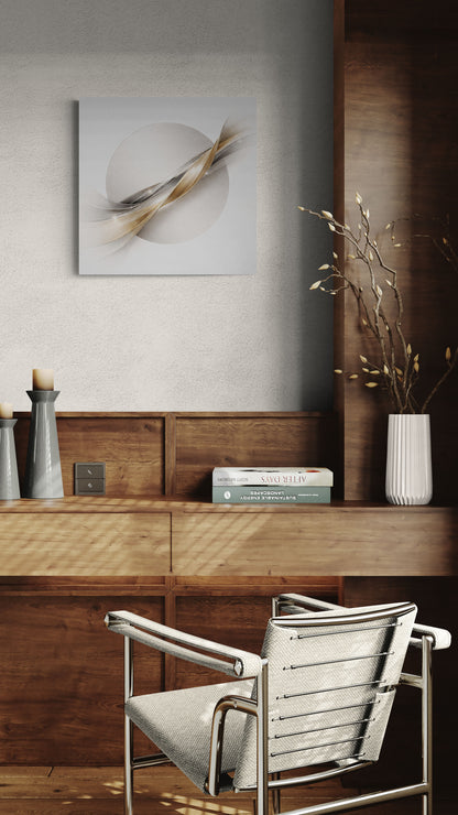 Modern interior with a wooden desk, chair, and decorative elements.