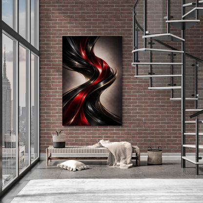 Modern interior with a large abstract painting on a brick wall, a bench, and a staircase.
