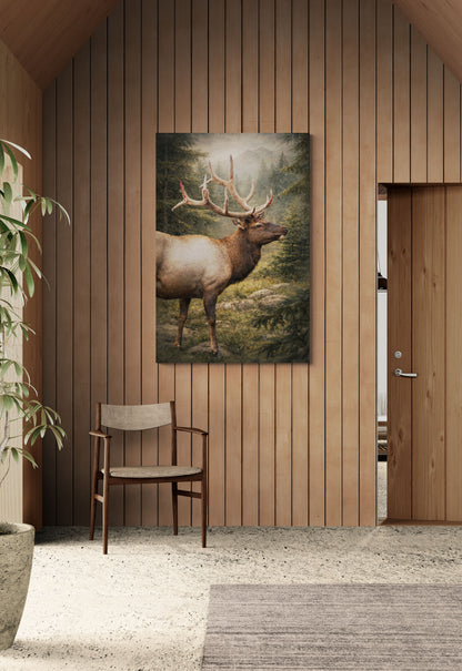 Room with wooden walls, a chair, and a painting of a deer on the wall.