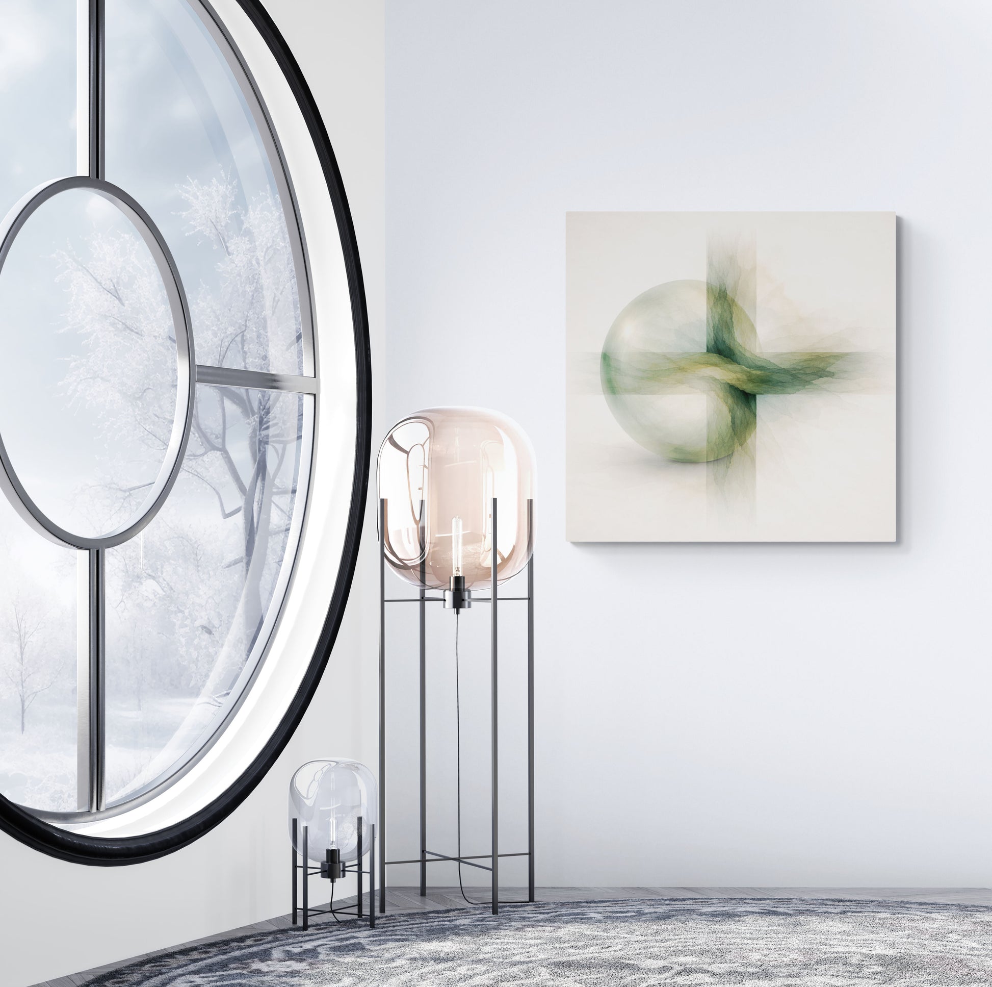 Modern interior with a large round mirror, floor lamp, and abstract painting on a white wall.