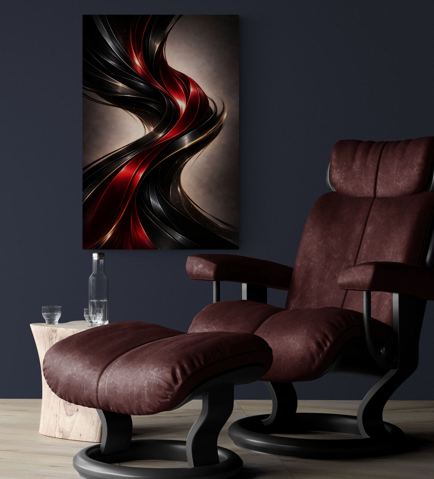 Brown leather armchair and ottoman with abstract art on a dark wall