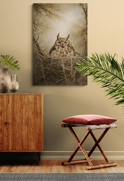 Room interior with a wooden cabinet, red cushioned stool, and owl painting on the wall.