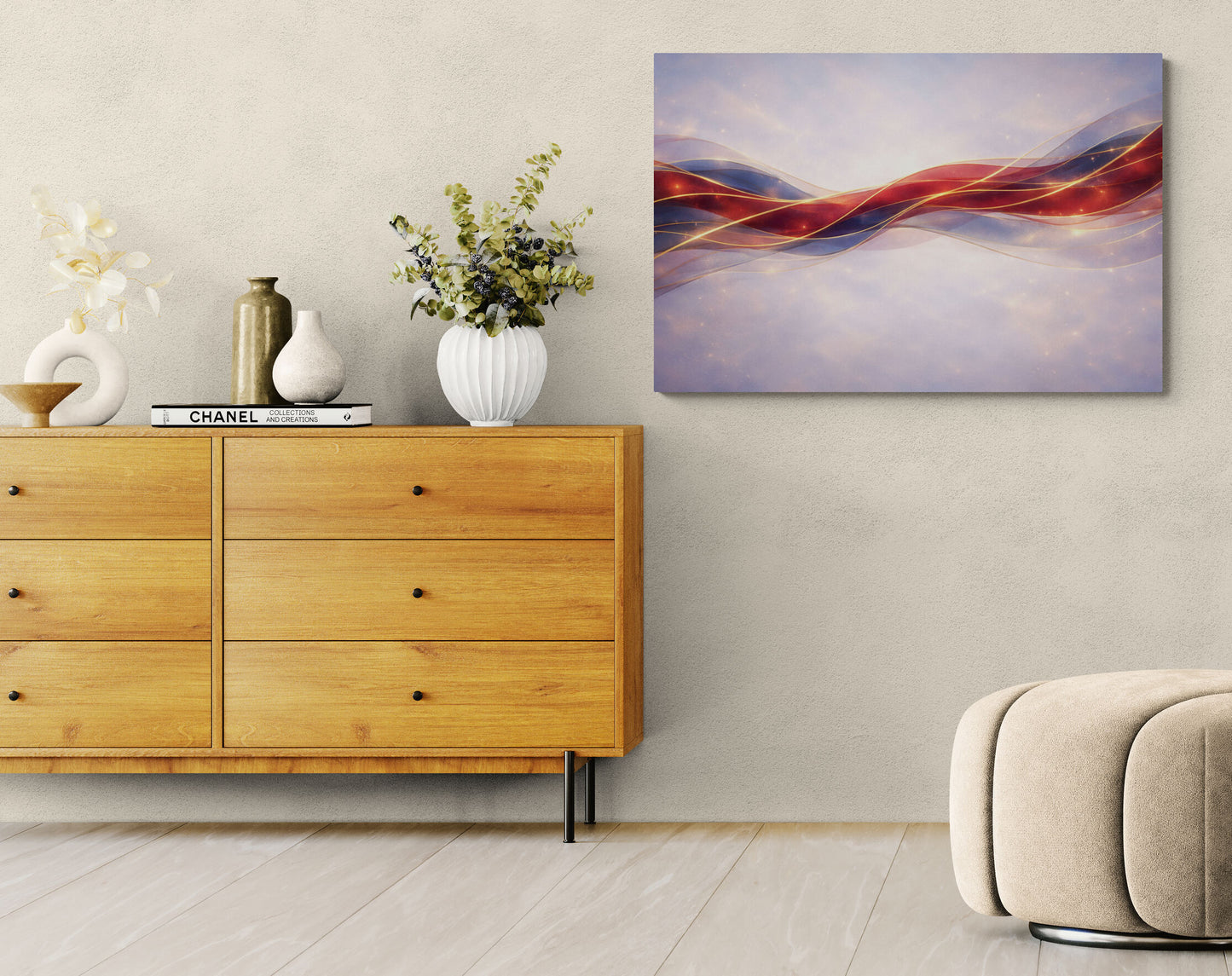 Wooden dresser with decorative items and a colorful abstract painting on a wall.