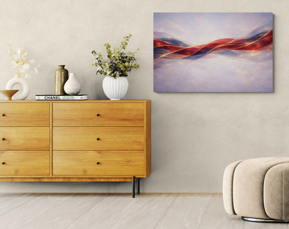 Wooden dresser with decorative items and a colorful abstract painting on a wall.