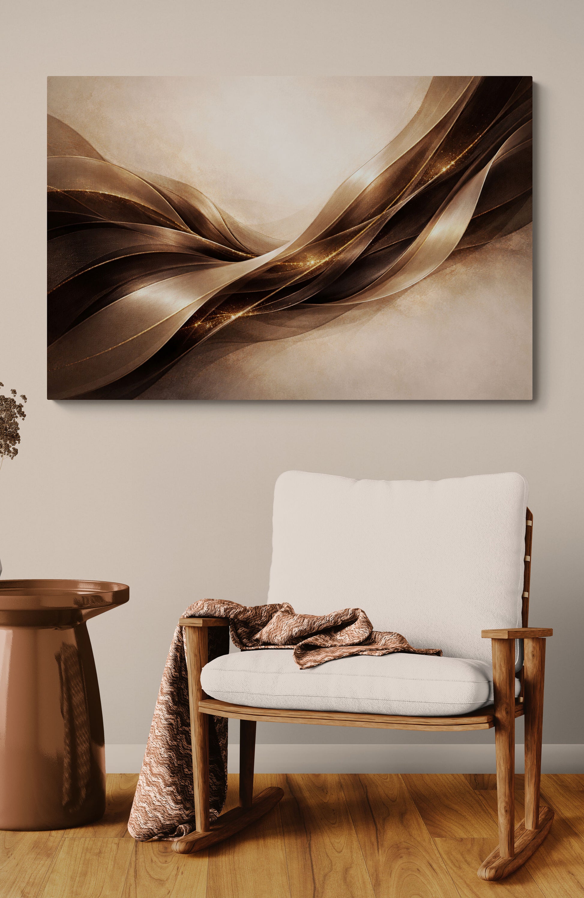 Abstract art piece on a wall above a wooden chair with a blanket draped over it.