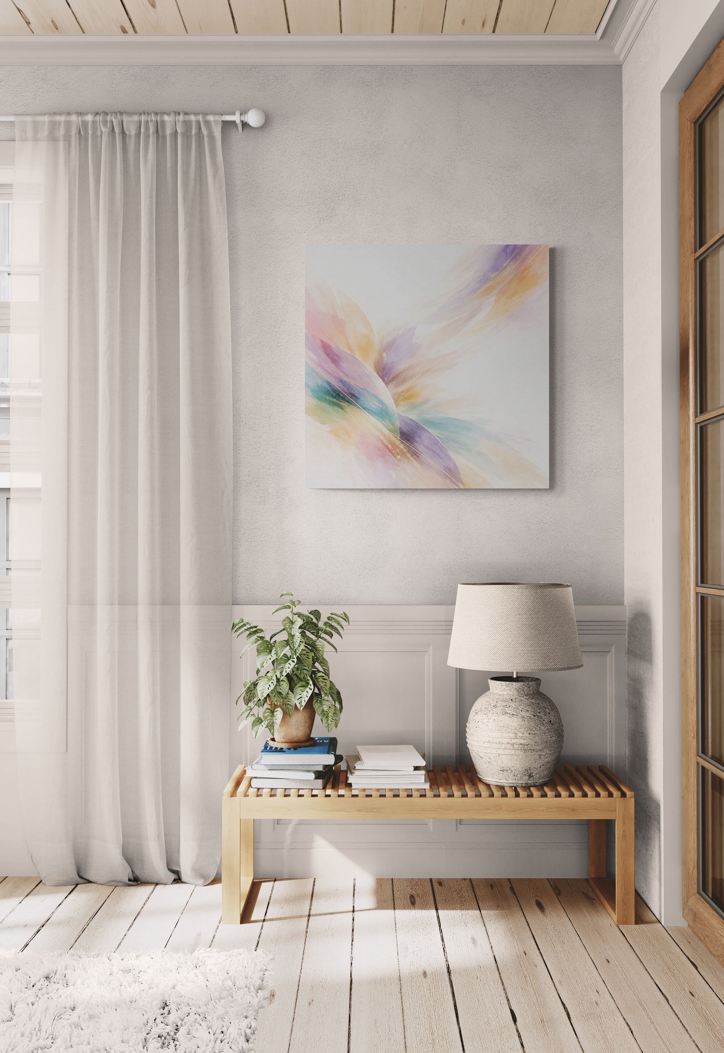 Nest living room with a wooden bench, lamp, and abstract painting on a light gray wall.