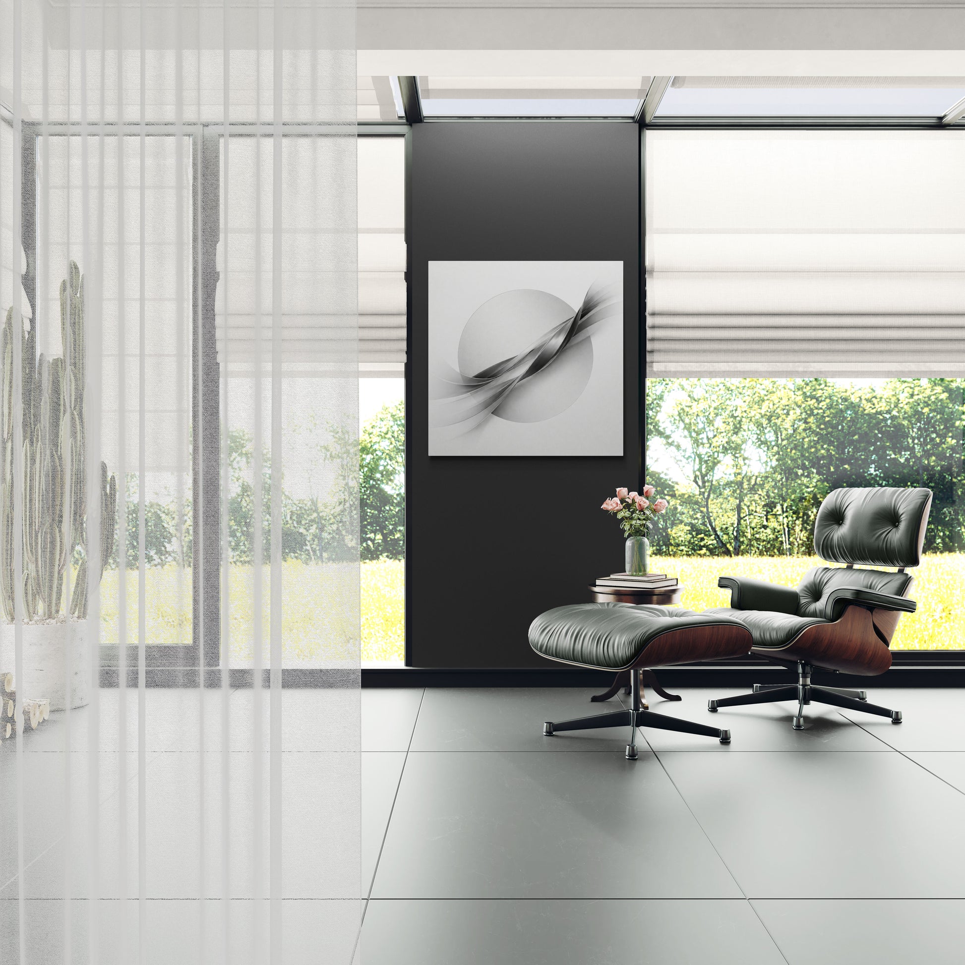 Modern interior with a lounge chair, ottoman, and artwork on a wall.