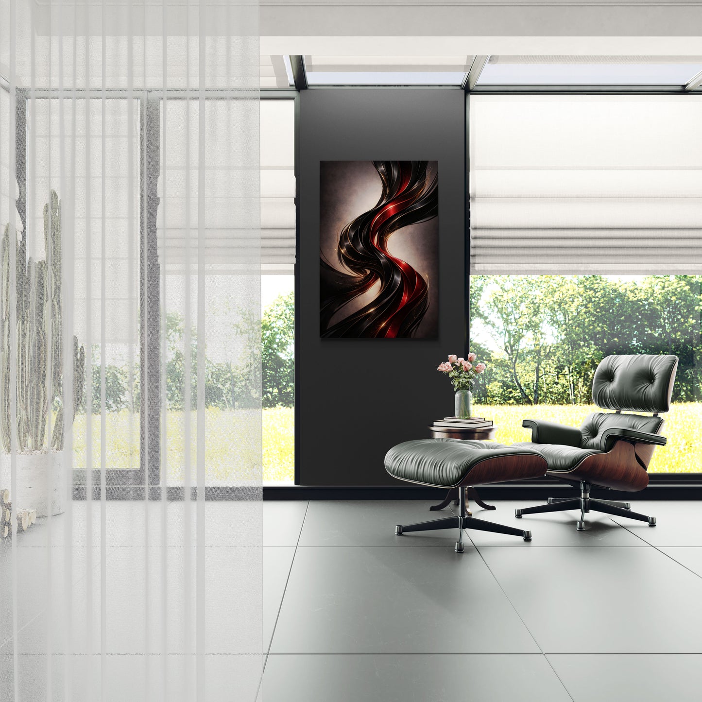 Modern interior with a lounge chair, ottoman, and abstract painting.