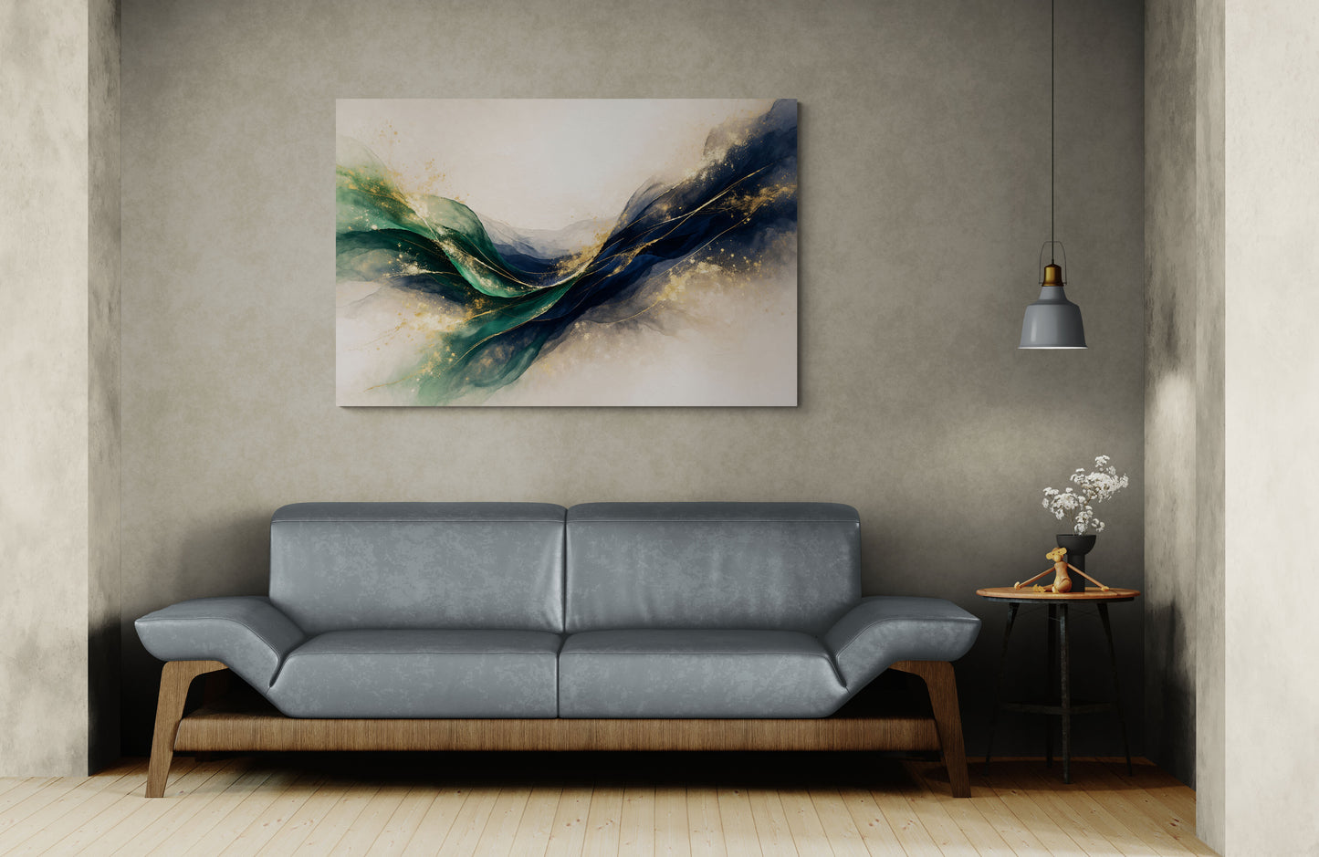 Gray sofa in a room with a modern abstract painting on the wall.