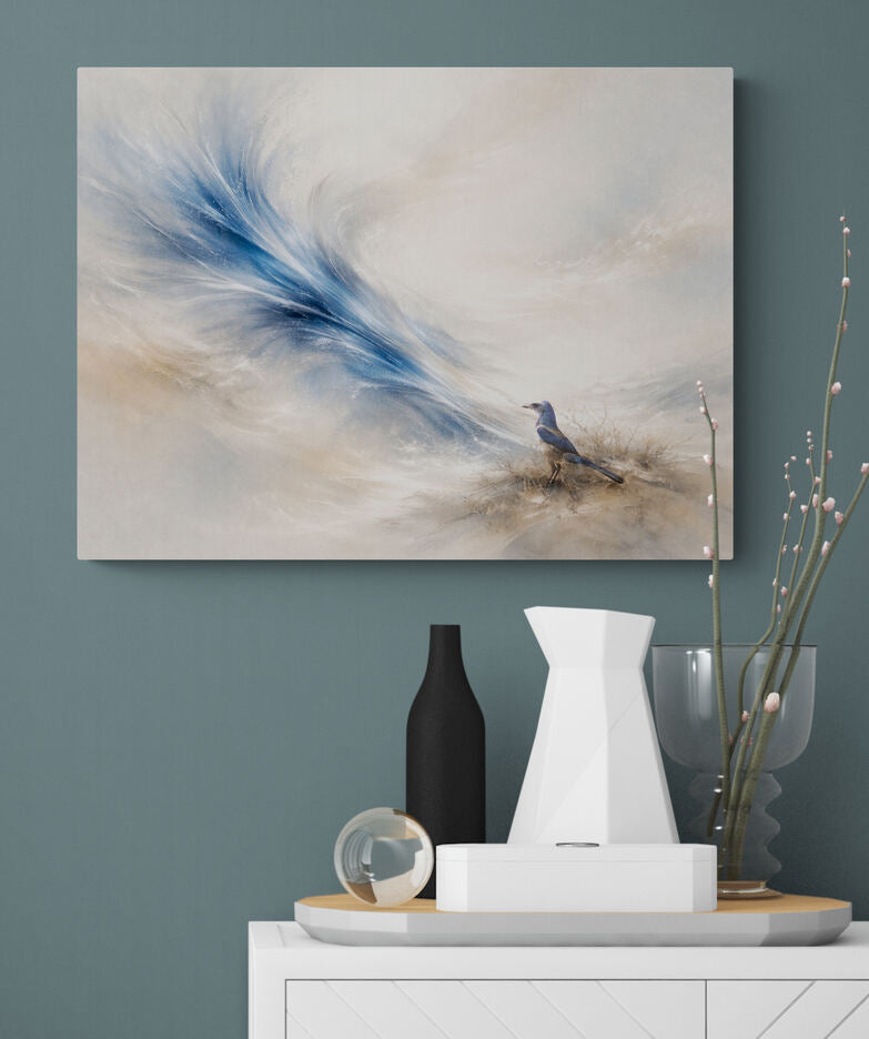 Abstract painting of a bird with a blue feather on a gray wall above a white cabinet with decorative items.