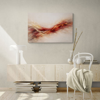 Modern interior with abstract painting, console table, and chair.