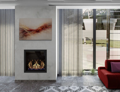 Modern living room with a fireplace, artwork, and a red sofa.