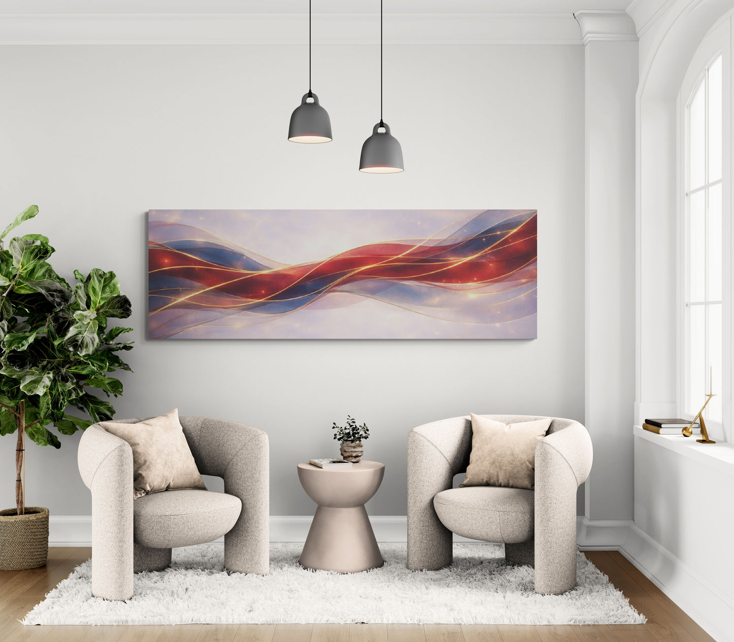 Modern living room with abstract wall art, two armchairs, and a small table.