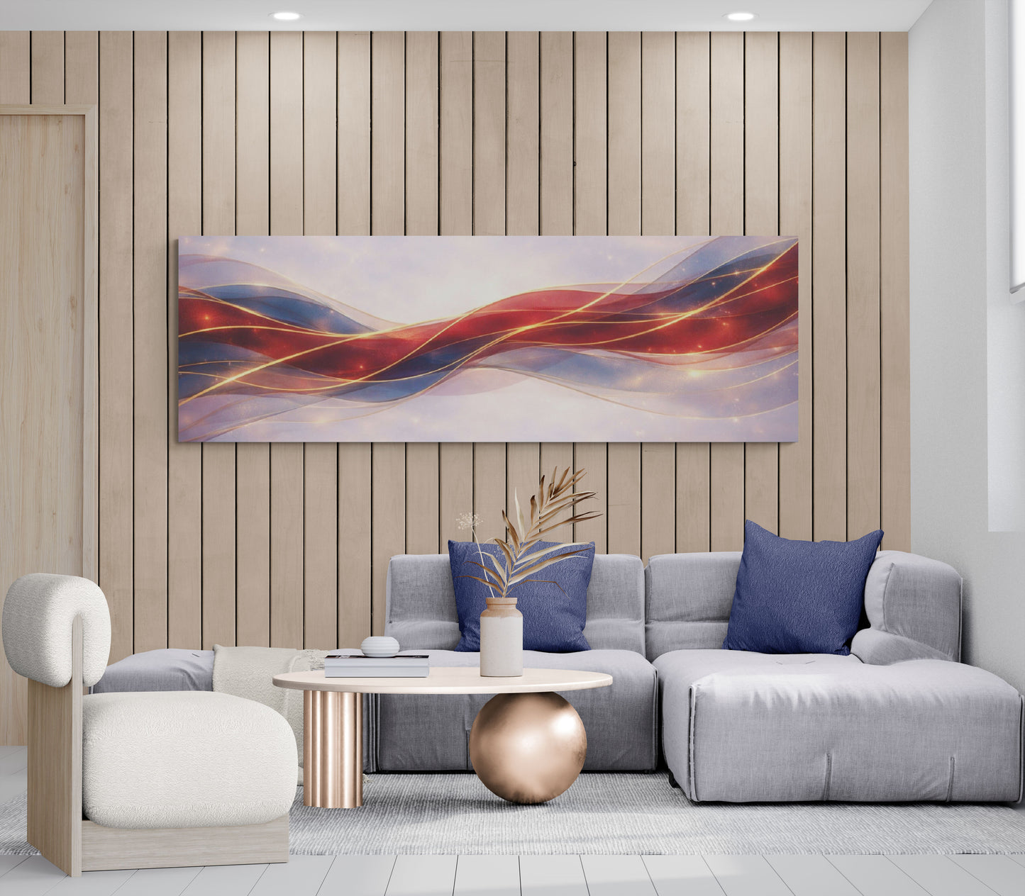 Modern living room with a gray sofa, decorative pillows, and a colorful abstract painting on the wall.