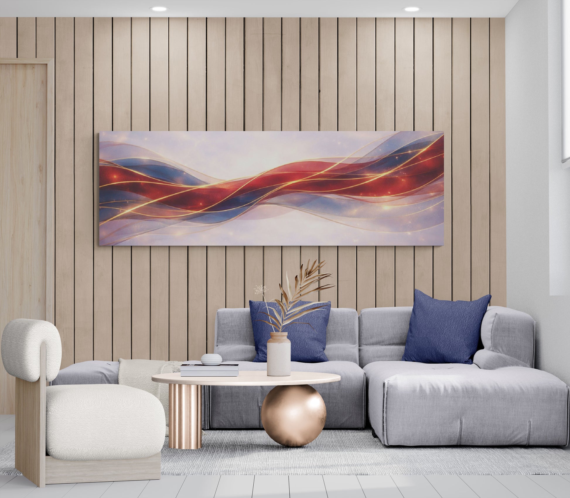 Modern living room with a gray sofa, decorative pillows, and a colorful abstract painting on the wall.