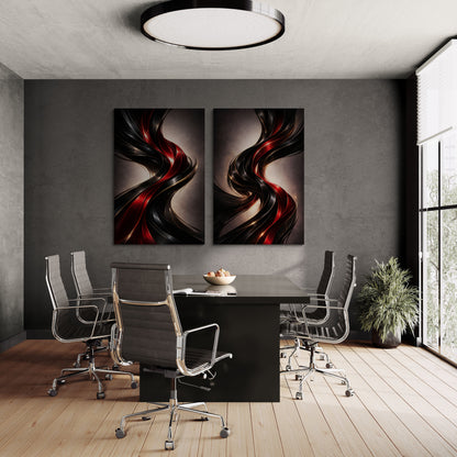 Modern office interior with abstract wall art and office chairs.