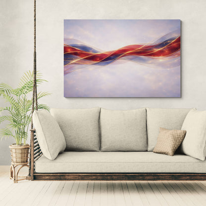 Abstract painting of wavy red and blue lines on a wall above a beige sofa.