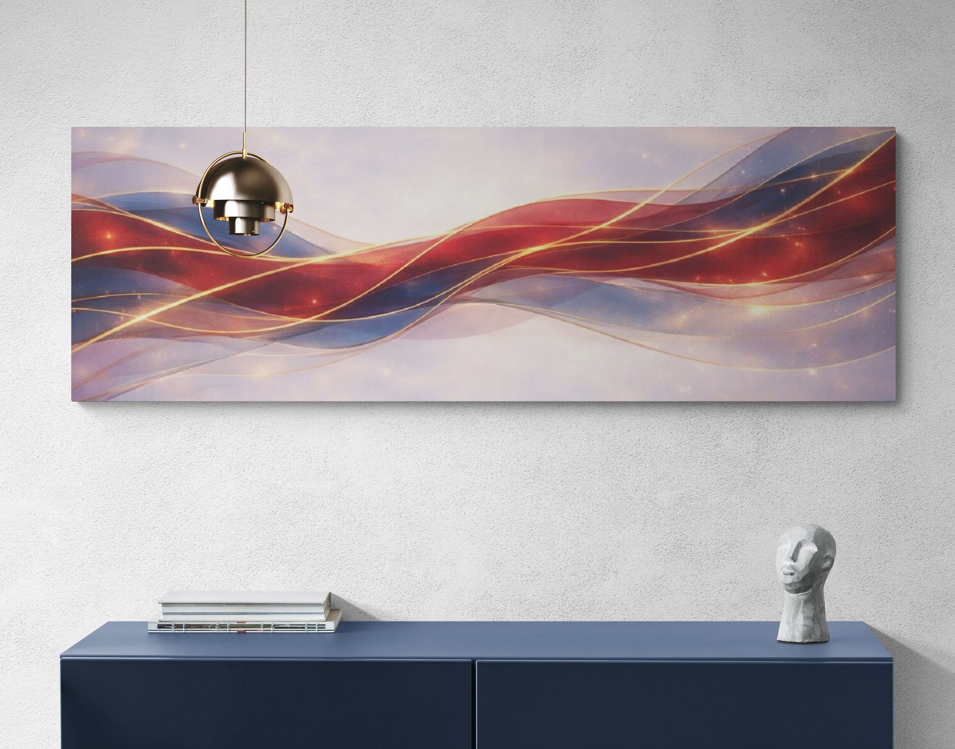 Abstract wall art with wavy lines in red, blue, and gold on a white wall above a dark blue console table.