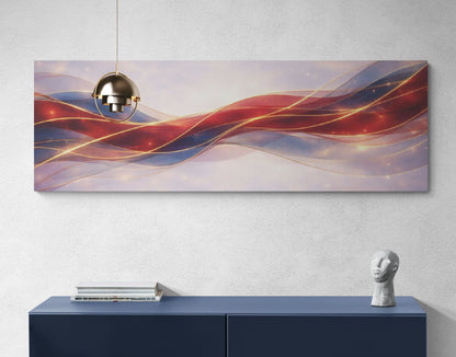 Abstract wall art with wavy lines in red, blue, and gold on a white wall above a dark blue console table.