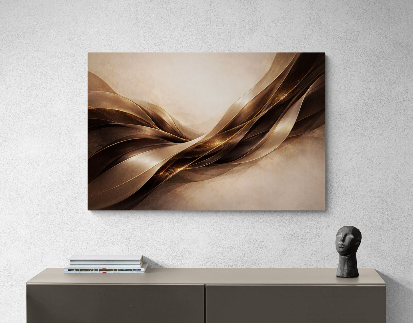 Abstract brown artwork on a wall above a console table with a sculpture.