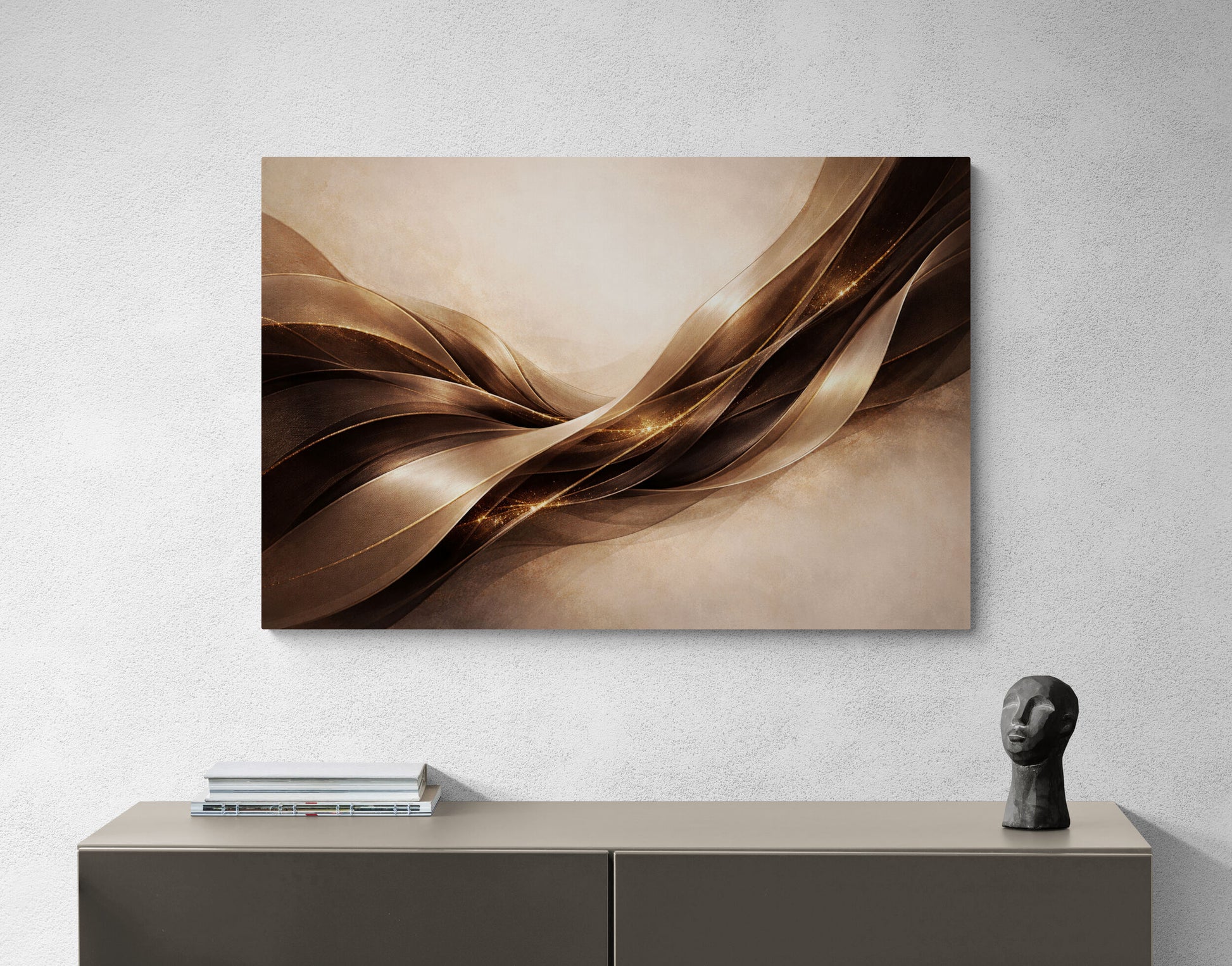 Abstract brown artwork on a wall above a console table with a sculpture.