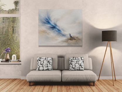 Living room with a gray sofa, abstract painting, and lamp.