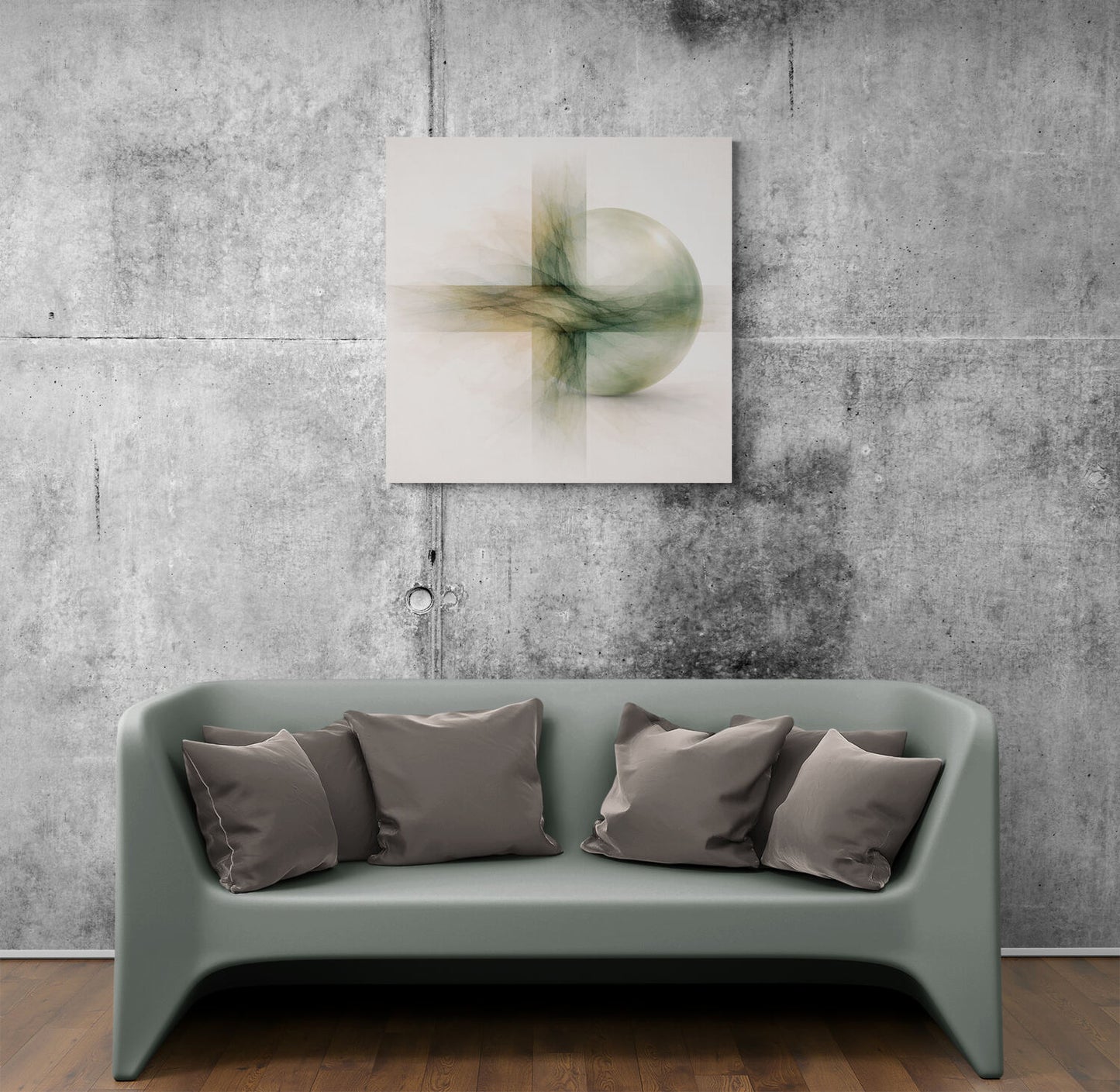Gray sofa with cushions against a textured gray wall with a piece of abstract art.