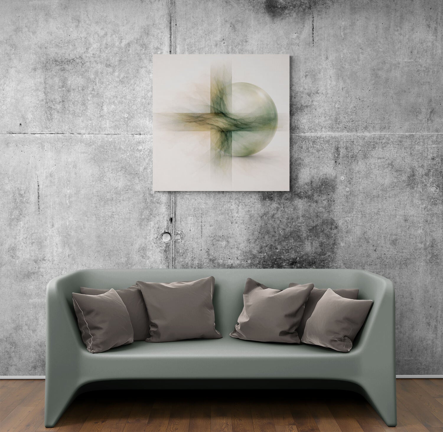 Gray sofa with cushions against a textured gray wall with a piece of abstract art.