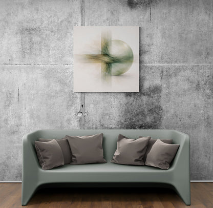 Gray sofa with cushions against a textured gray wall with a piece of abstract art.