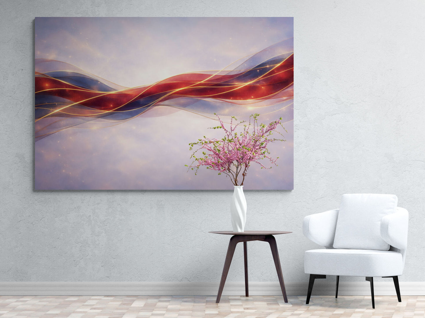 Abstract wall art with wavy red and blue design on a white wall, with a small table and chair in front.