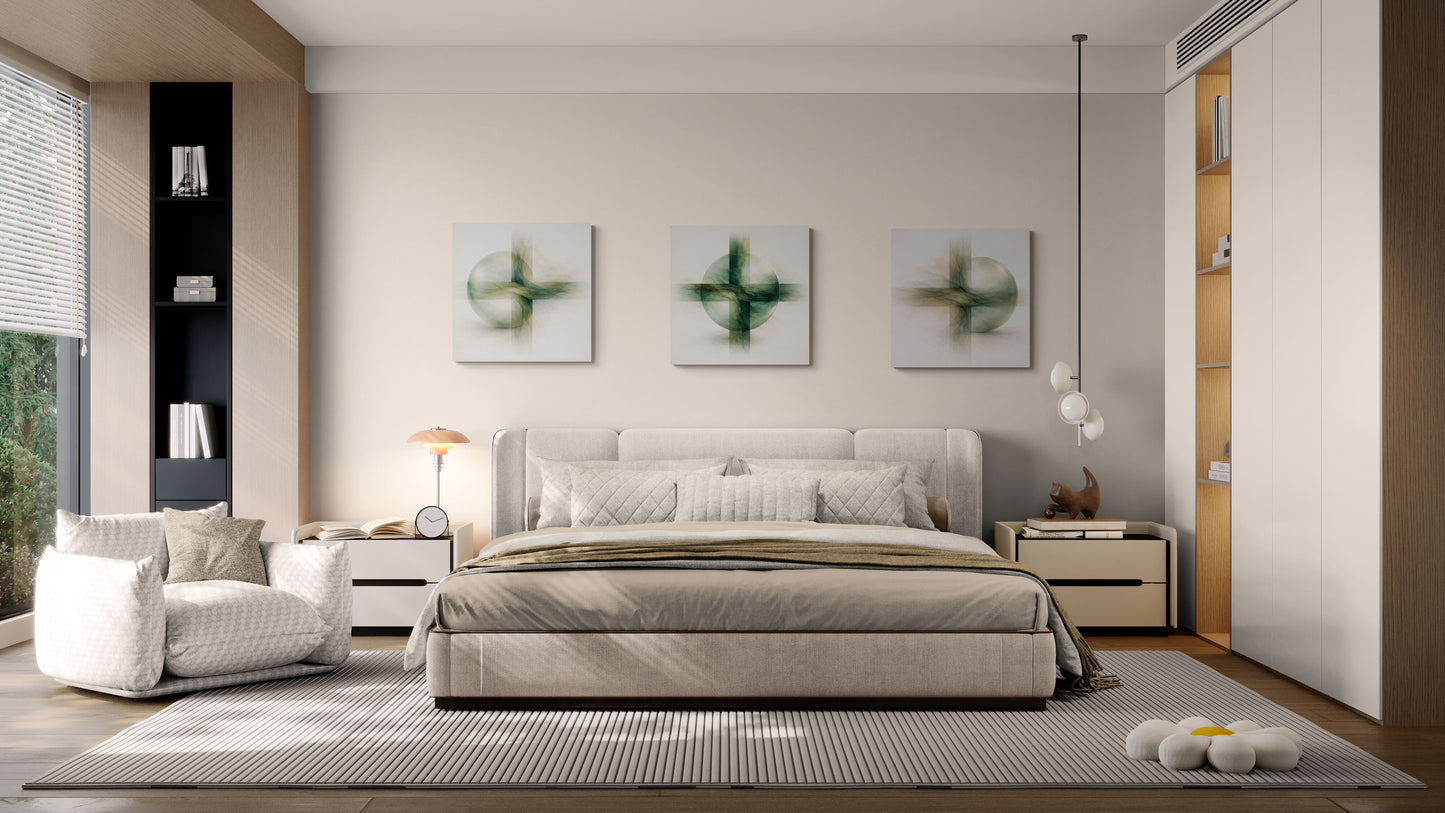 Modern bedroom with a bed, sofa, and decorative elements.
