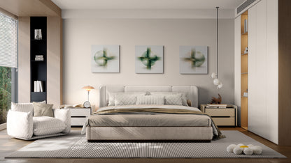 Modern bedroom with a bed, sofa, and decorative elements.