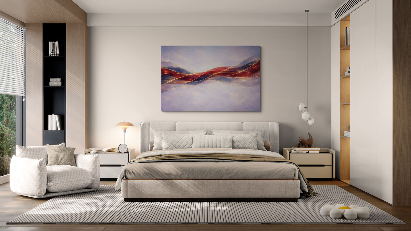 Modern bedroom with a bed, sofa, and abstract painting on the wall.