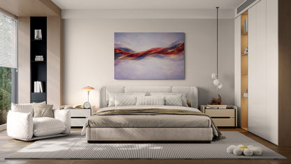 Modern bedroom with a bed, sofa, and abstract painting on the wall.