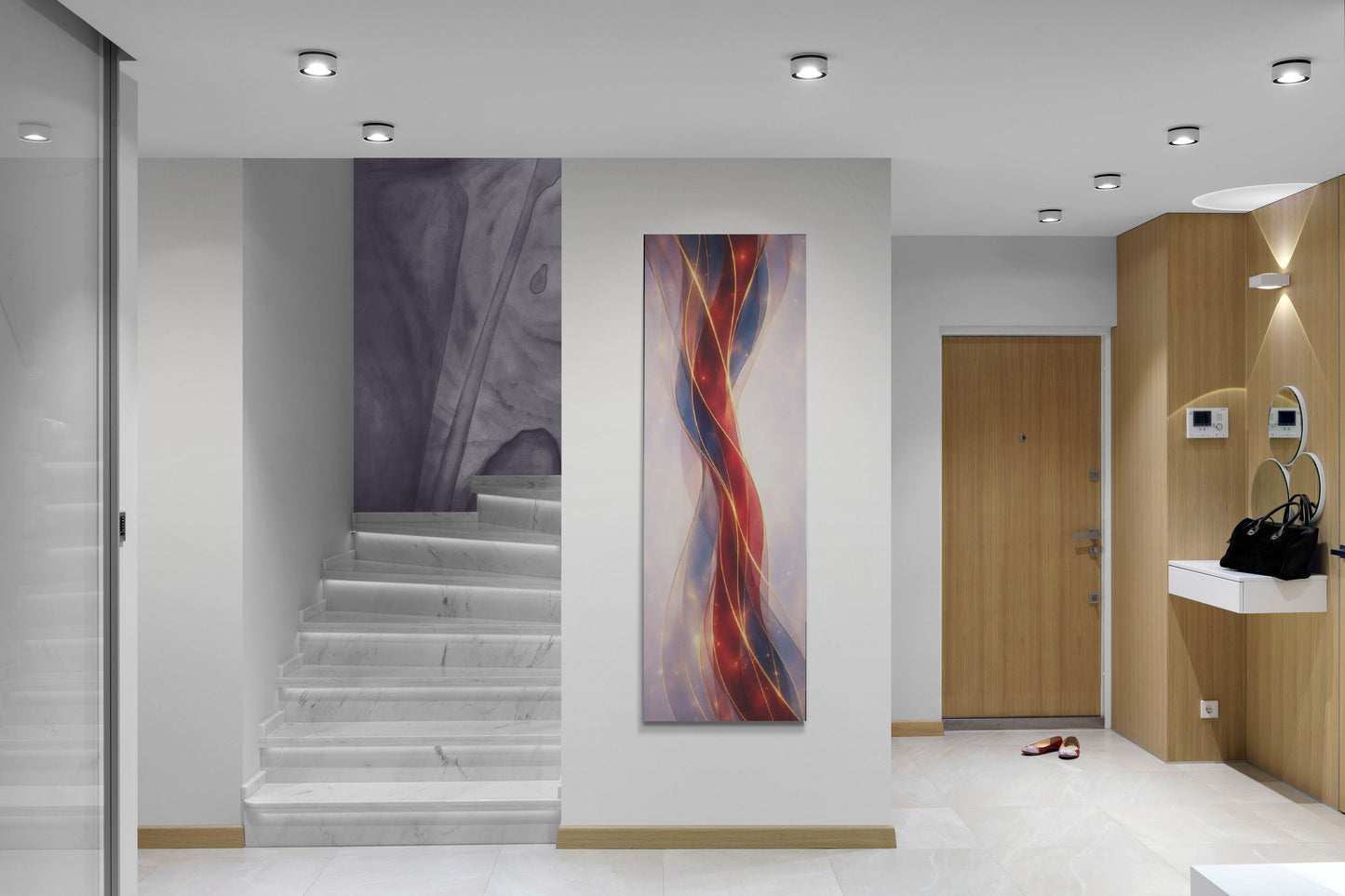 Modern interior with abstract wall art, staircase, and wooden door.