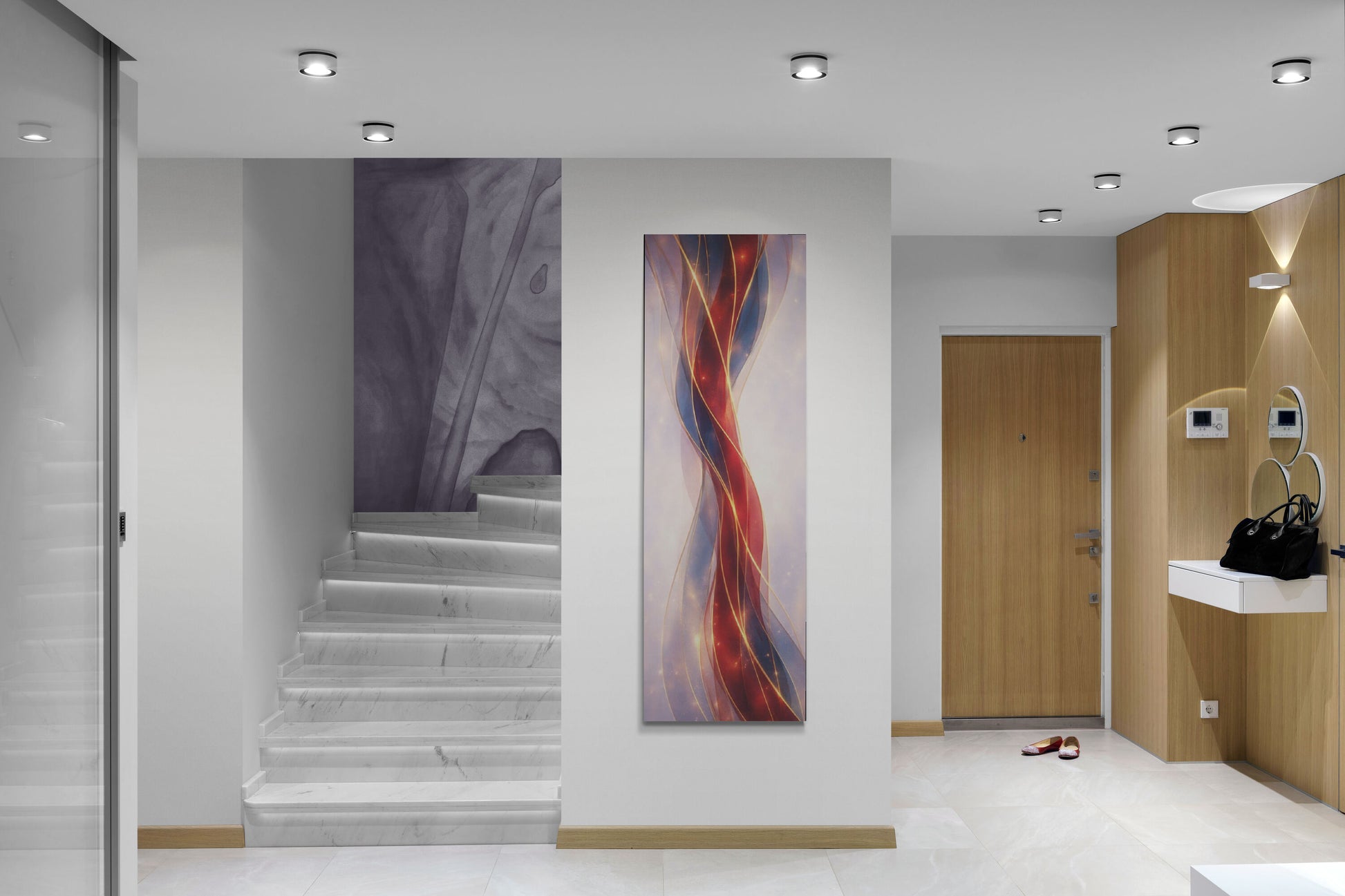 Modern interior with abstract wall art, staircase, and wooden door.