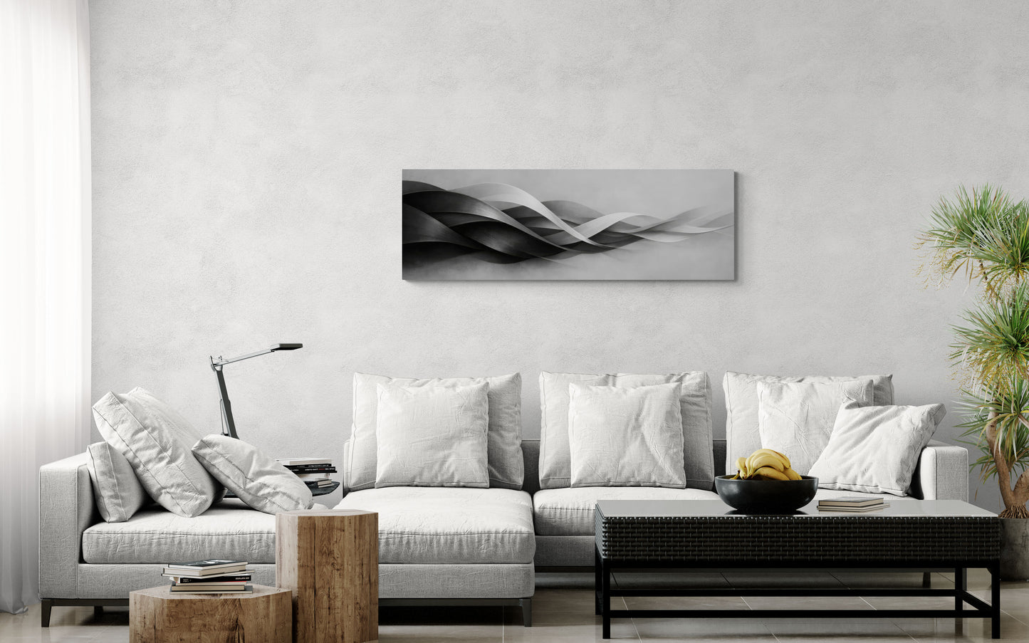 Modern living room with a white sofa, coffee table, and decorative wall art.