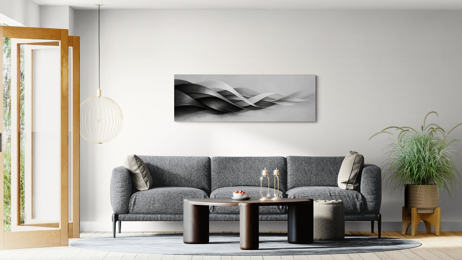 Modern living room with a gray sofa, coffee table, and decorative wall art.
