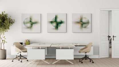 Modern office space with a desk, chairs, and abstract art on the wall.