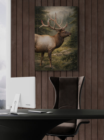 Painting of a deer on a wooden wall above a desk with a chair.