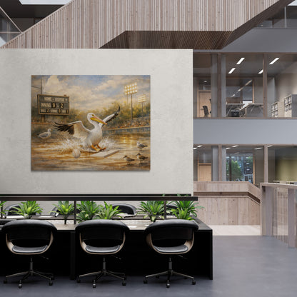 Modern office interior with a large painting of a pelican on a wall.