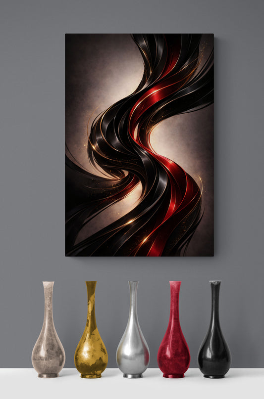 Abstract wall art with wavy design on a gray wall, below which are five vases of different colors.
