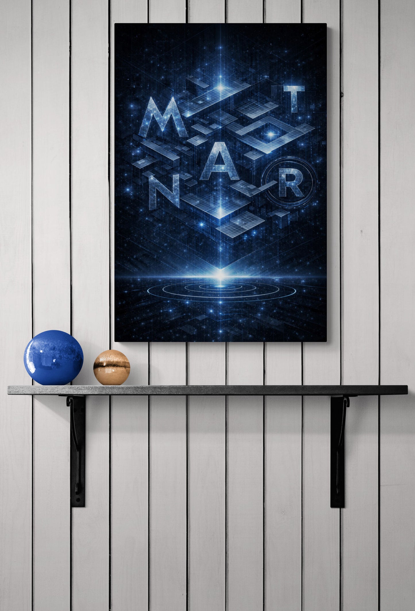 Futuristic poster with 'METANAR' design on a white wall with black shelves.
