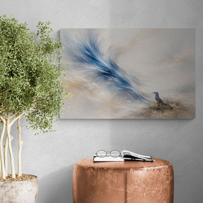 Abstract painting of a bird and feather on a wall above a brown ottoman with glasses and a book.