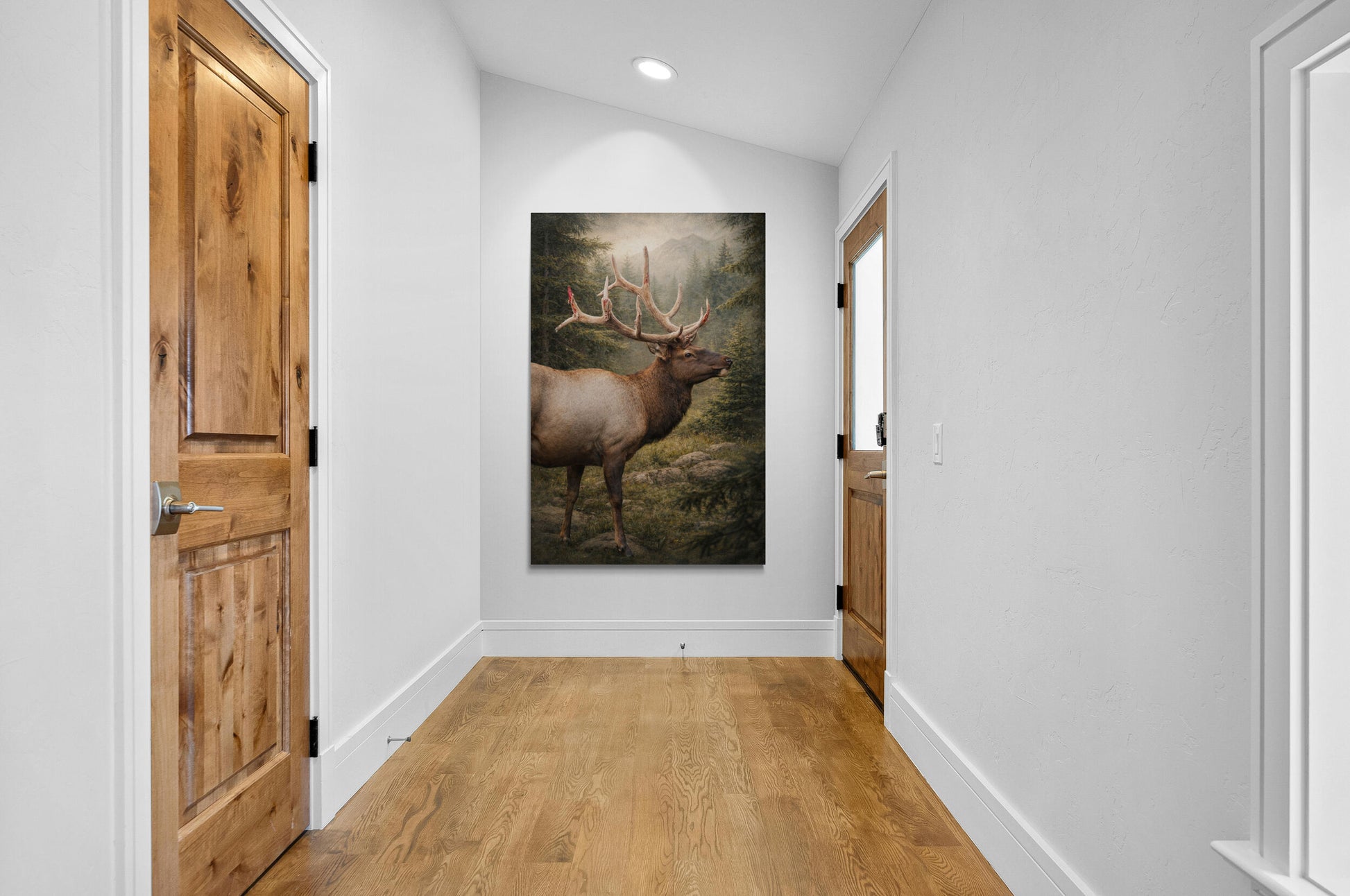 Foyer with wooden doors and a large painting of a deer on the wall.